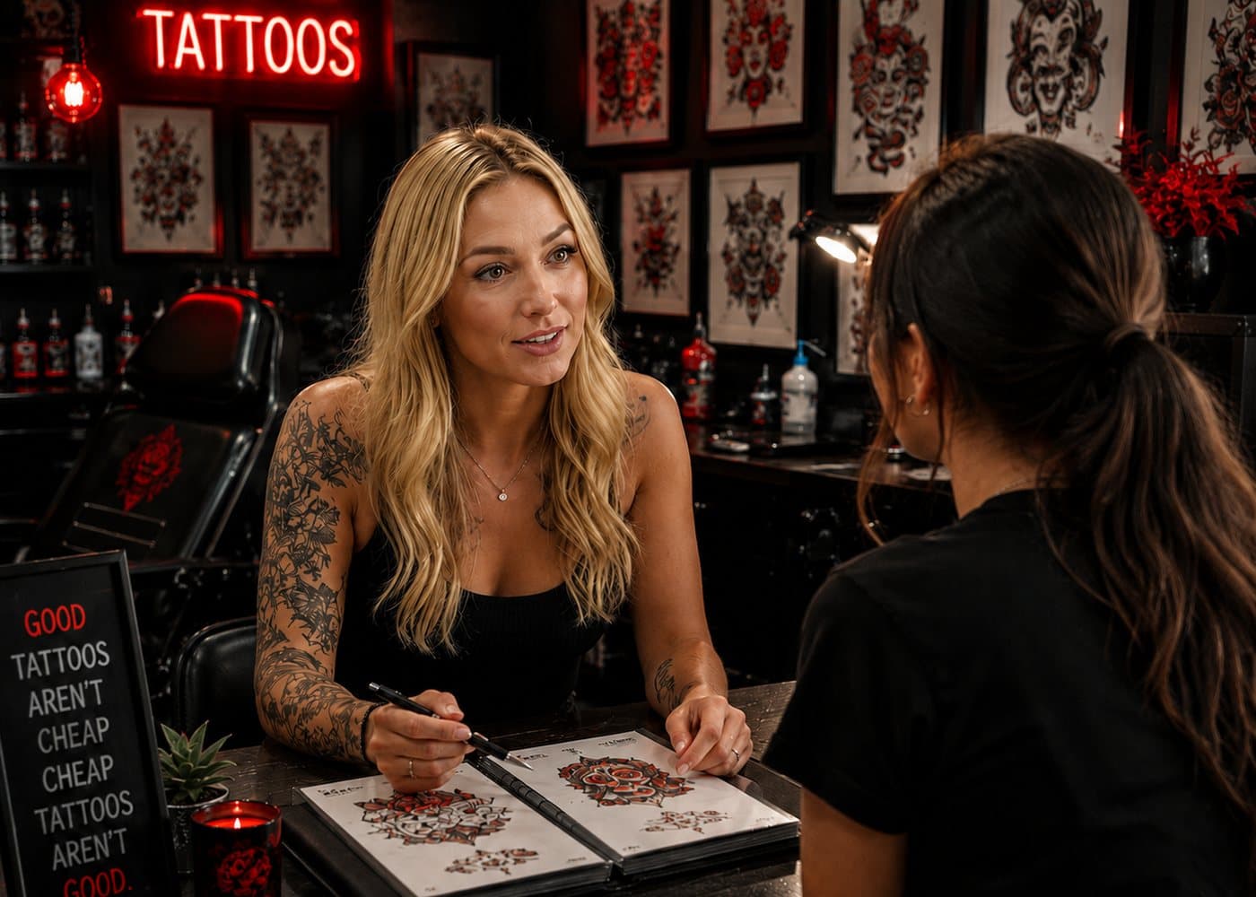 Tatuador asesorando a una clienta con un catálogo de diseños en Tattooland Canarias